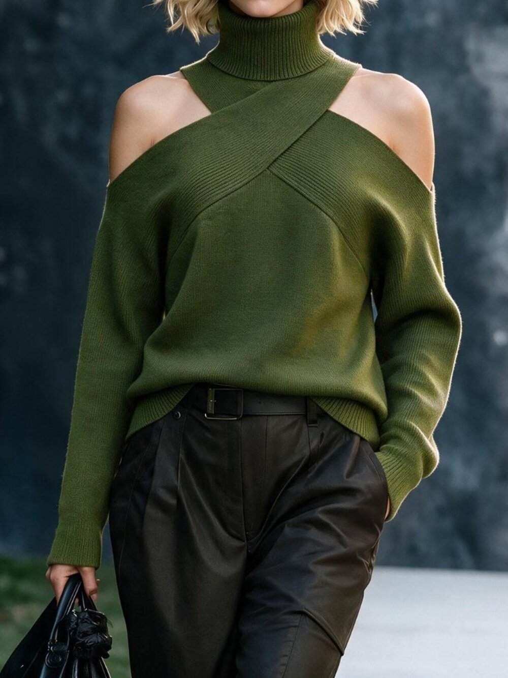 Army Green Casual Women's Cut Out Criss Cross High Neck Pullover Sweater